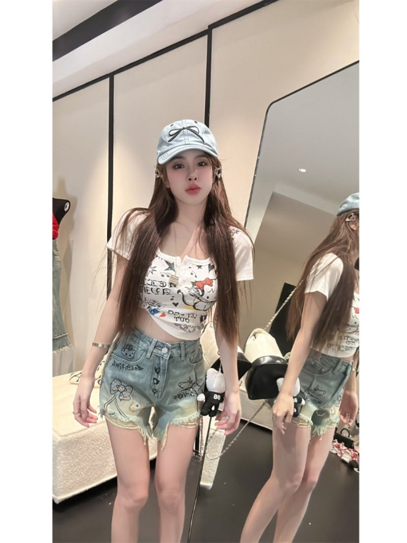 Sweet Spice Girl Cat Printed Short T-Shirt Women'S White Slim-Fit Design Niche Short-Sleeved Top - Image 3