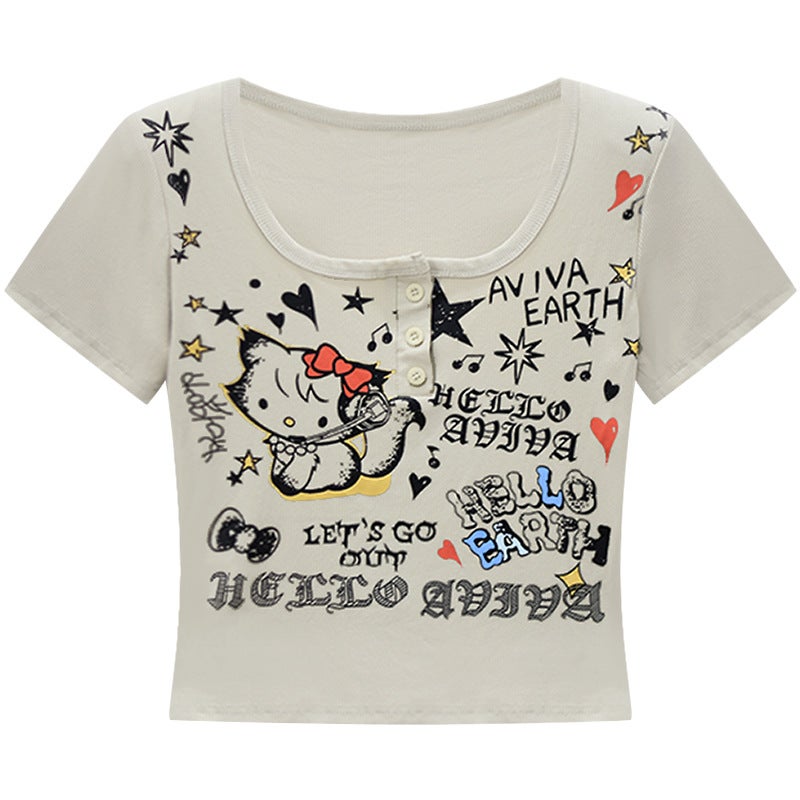 Sweet Spice Girl Cat Printed Short T-Shirt Women'S White Slim-Fit Design Niche Short-Sleeved Top - Image 1