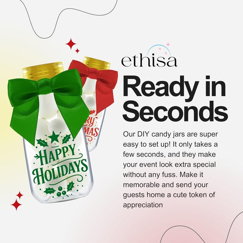 Ethisa 12 Pack Christmas Candy Jars with Ribbons and Stickers - DIY Party Favor Containers for Holiday Parties, Classroom, Stocking Stuffers, and Table Decorations - Image 5