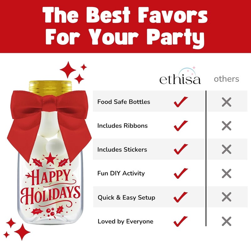 Ethisa 12 Pack Christmas Candy Jars with Ribbons and Stickers - DIY Party Favor Containers for Holiday Parties, Classroom, Stocking Stuffers, and Table Decorations - Image 4