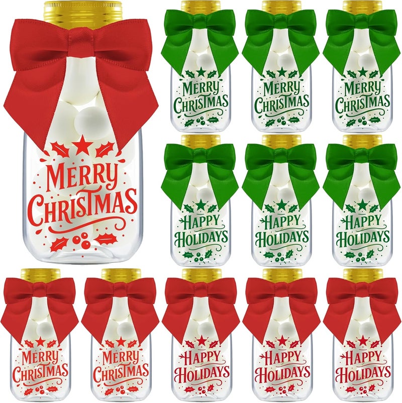 Ethisa 12 Pack Christmas Candy Jars with Ribbons and Stickers - DIY Party Favor Containers for Holiday Parties, Classroom, Stocking Stuffers, and Table Decorations - Image 1