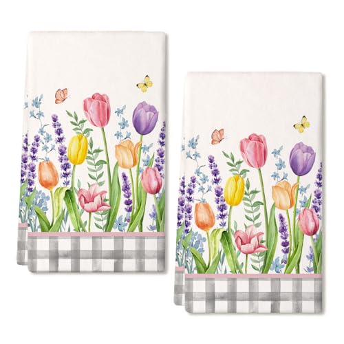 ARKENY Tulip Spring Kitchen Towels Dish Towels Set of 2,Grey Buffalo Plaid Hand Towels 18x26 Inch Drying Dishcloth,Farmhouse Home Seasonal Spring Decorations AD329 - Image 1