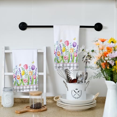 ARKENY Tulip Spring Kitchen Towels Dish Towels Set of 2,Grey Buffalo Plaid Hand Towels 18x26 Inch Drying Dishcloth,Farmhouse Home Seasonal Spring Decorations AD329 - Image 4