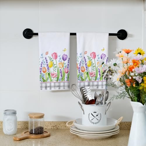 ARKENY Tulip Spring Kitchen Towels Dish Towels Set of 2,Grey Buffalo Plaid Hand Towels 18x26 Inch Drying Dishcloth,Farmhouse Home Seasonal Spring Decorations AD329 - Image 2