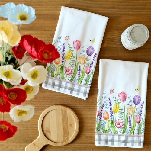 ARKENY Tulip Spring Kitchen Towels Dish Towels Set of 2,Grey Buffalo Plaid Hand Towels 18x26 Inch Drying Dishcloth,Farmhouse Home Seasonal Spring Decorations AD329 - Image 3