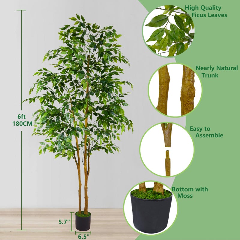 Warmplants Artificial Ficus Tree, 7ft Silk Fake Ficus Leaves Plant with Basket, Indoor Outdoor Faux Green Tree for Home Garden Office House Livingroom DÃ©cor - Image 3