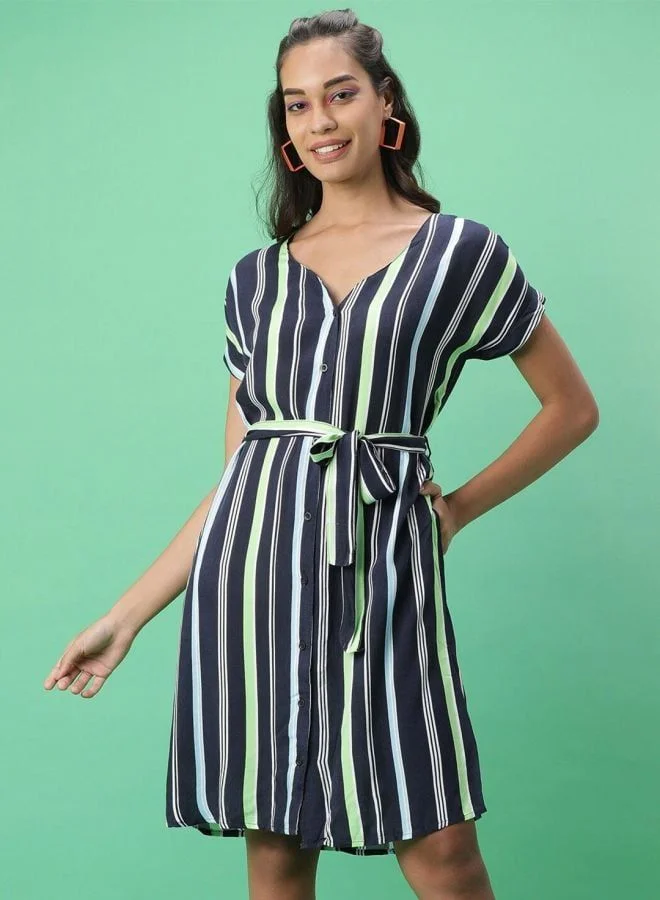 Women Straight Fit Striped V-Neck Short Sleeve Regular Dress