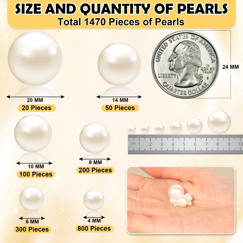 Tidponra 1470PCS Pearls for Crafting, Assorted Sizes Ivory No Hole Pearl Beads,Fake Pearls, Bulk for Floating Candles, Decoration, Vase Filler and Centerpieces - Image 2