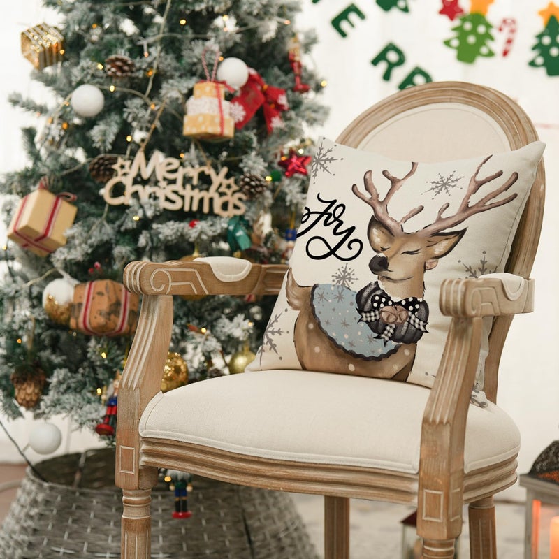 AVOIN colorlife AVOIN colorlife Christmas Snowman Reindeer Gloves Eucalyptus Blue Throw Pillow Covers  20 x 20 Inch Winter Holiday Stripes Cushion Case Decoration for Sofa Couch Set of 4  - Image 5