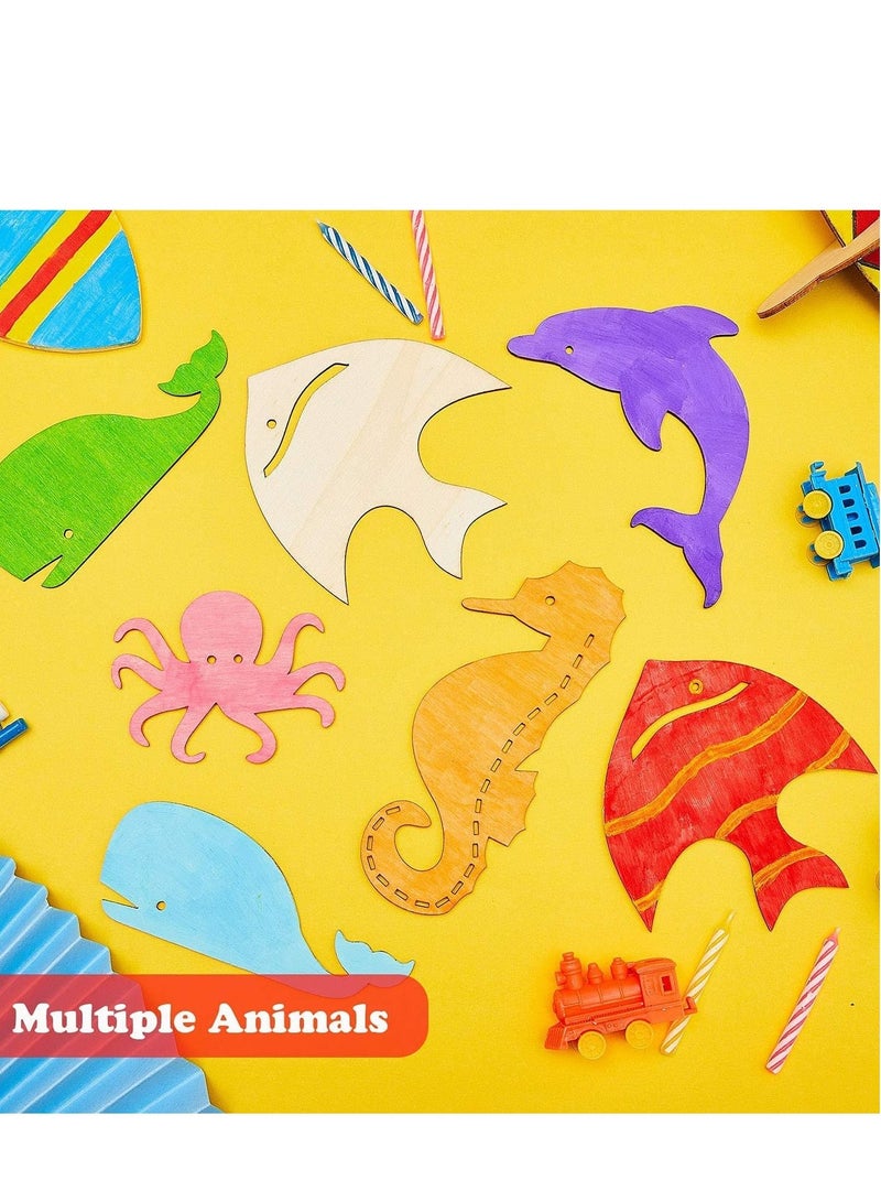 SYOSI Unfinished Wooden Paint Crafts Wood Cutouts Ocean Animals for Kids Home Decor Ornament DIY Craft Art Project, Octopus, Shark, Whale, Dolphin, Seahorse, Fish, Starfish Shape 28 Pieces - Image 3