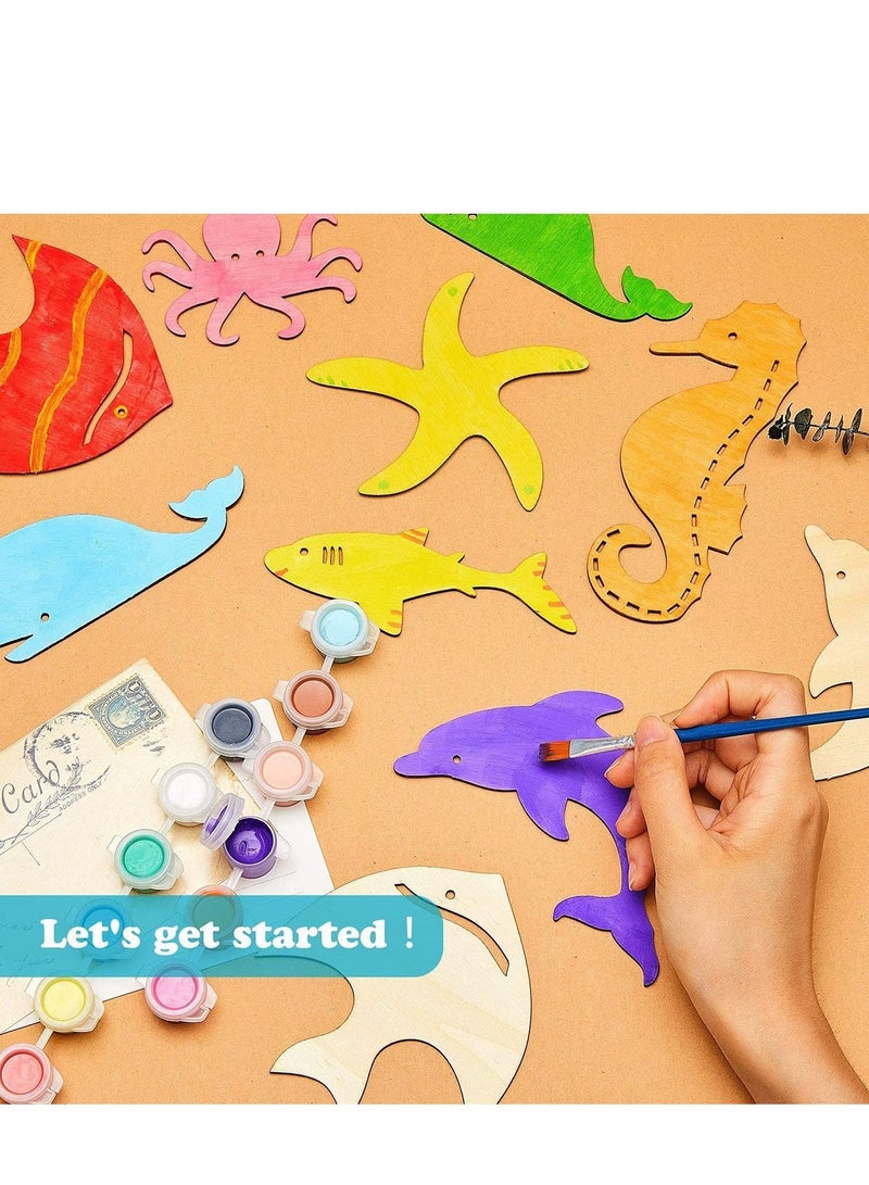 SYOSI Unfinished Wooden Paint Crafts Wood Cutouts Ocean Animals for Kids Home Decor Ornament DIY Craft Art Project, Octopus, Shark, Whale, Dolphin, Seahorse, Fish, Starfish Shape 28 Pieces - Image 5