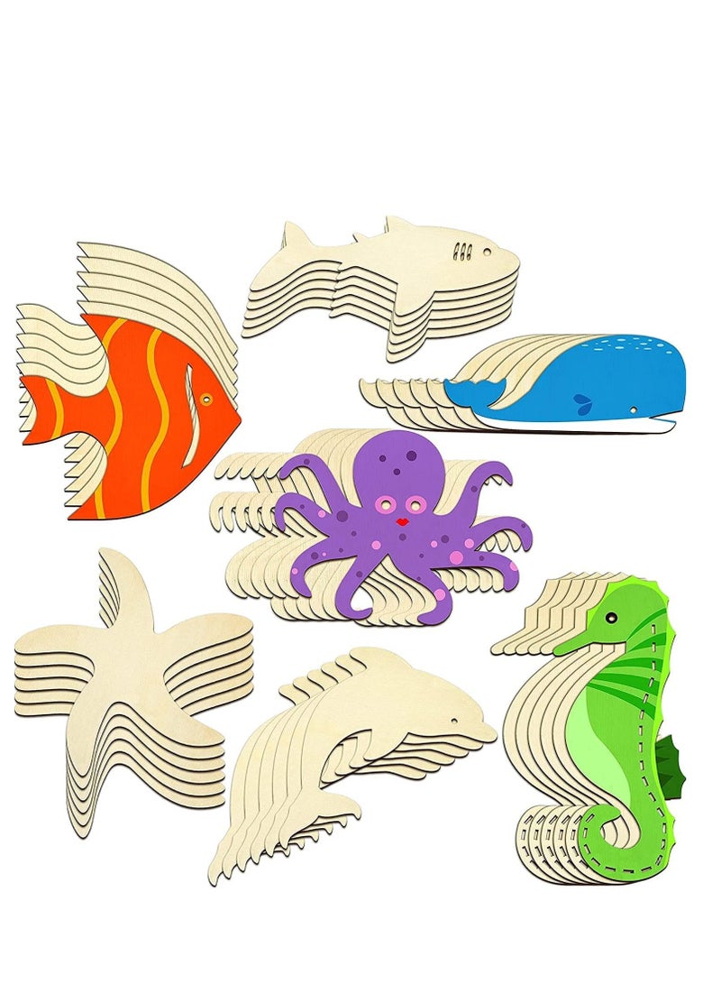 SYOSI Unfinished Wooden Paint Crafts Wood Cutouts Ocean Animals for Kids Home Decor Ornament DIY Craft Art Project, Octopus, Shark, Whale, Dolphin, Seahorse, Fish, Starfish Shape 28 Pieces - Image 1