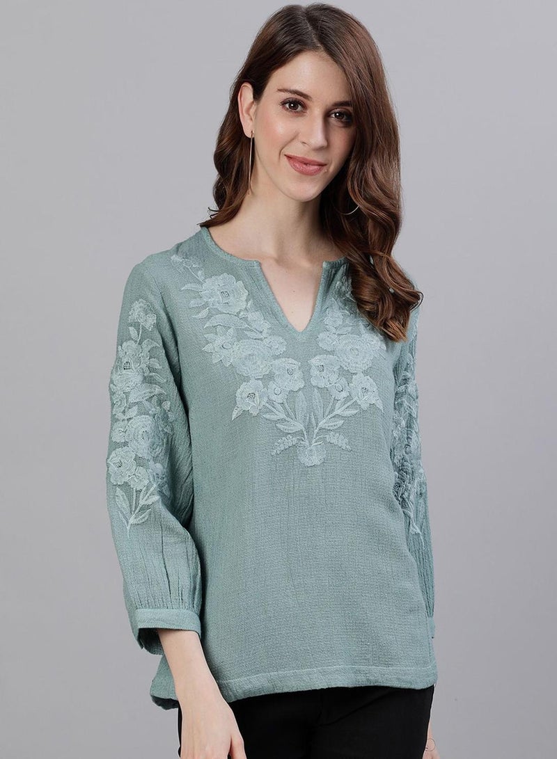 ISHIN Women'S Sea Green 100% Cotton Floral Tunic Regular Fit Tops - Image 1