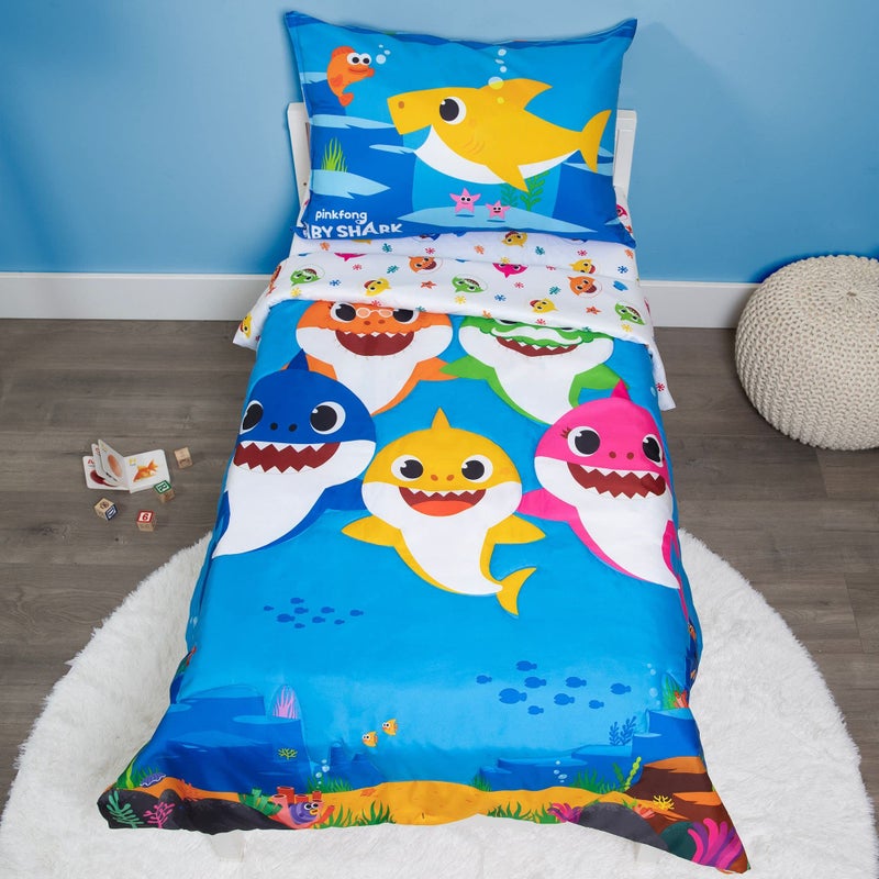 BABY SHARK Baby Shark 4Piece Toddler Bed Set including Super Soft Matching Sheets Set Pillowcase and Reversable Comforter For Boys and Girls Offical Product