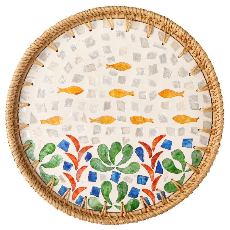 Aayoruro Round Rattan Tray with Mother of Pearl Inlay, Decorative Wicker Serving Tray with Wooden Base, Woven Basket Trays for Bread Fruits Coffee - Image 1