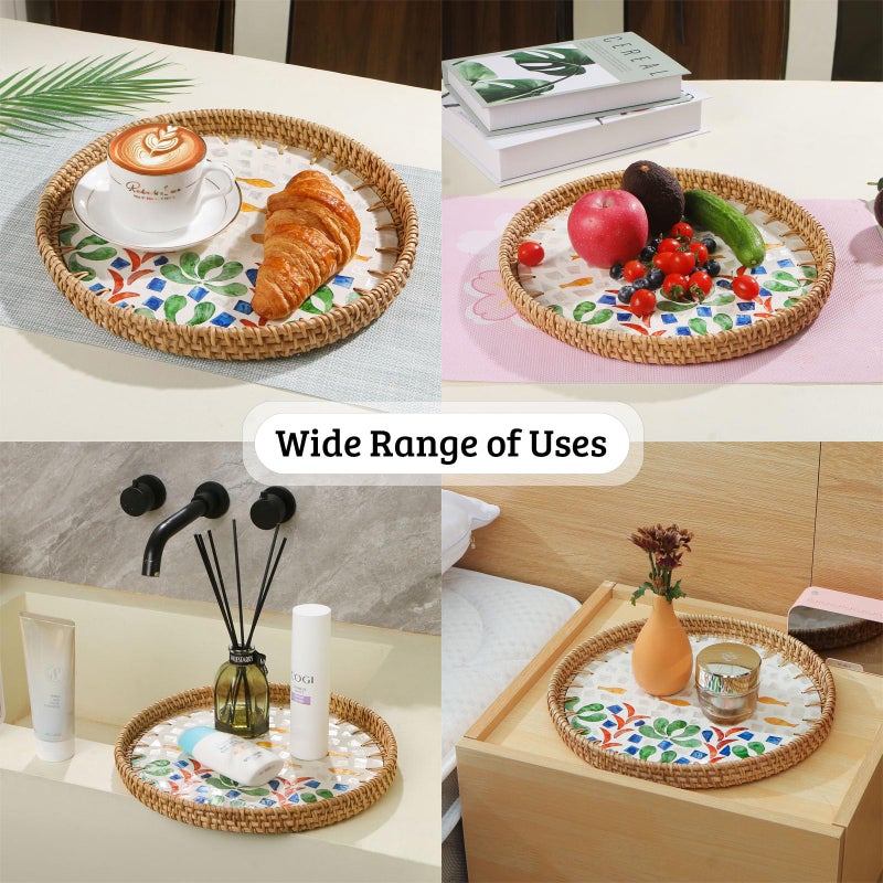 Aayoruro Round Rattan Tray with Mother of Pearl Inlay, Decorative Wicker Serving Tray with Wooden Base, Woven Basket Trays for Bread Fruits Coffee - Image 4