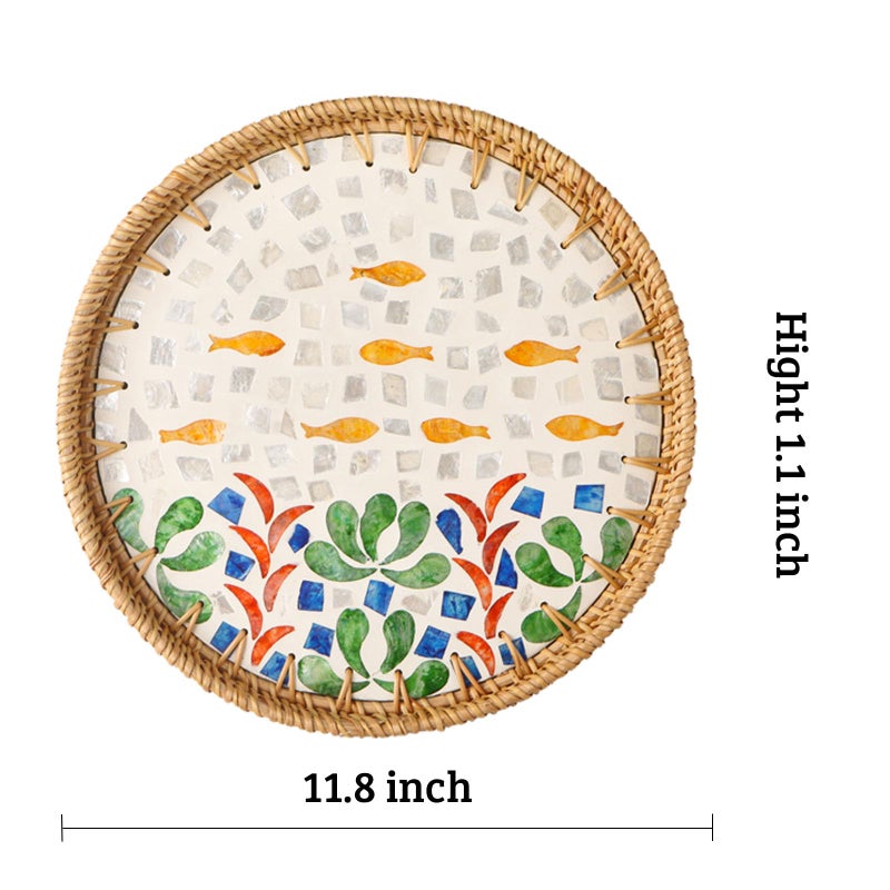 Aayoruro Round Rattan Tray with Mother of Pearl Inlay, Decorative Wicker Serving Tray with Wooden Base, Woven Basket Trays for Bread Fruits Coffee - Image 3