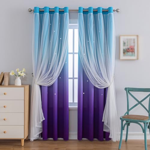 Anytime Dream Star Blackout Curtains for Kids Rooms Girl Princess Curtain for Daughter Bedroom Window Blue Purple1 PanelW52 x L63inch - Image 1
