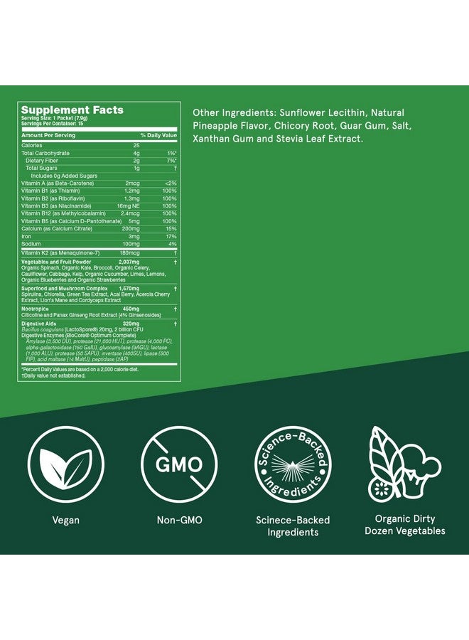 بوليت بروف أكياس خضراوات بوليت بروف، 15 كيسًا، مسحوق خضراوات يومي مع أطعمة خارقة ومنشطات ذهنية، حصة كاملة من الخضراوات والعناصر الغذائية الأساسية - Image 1