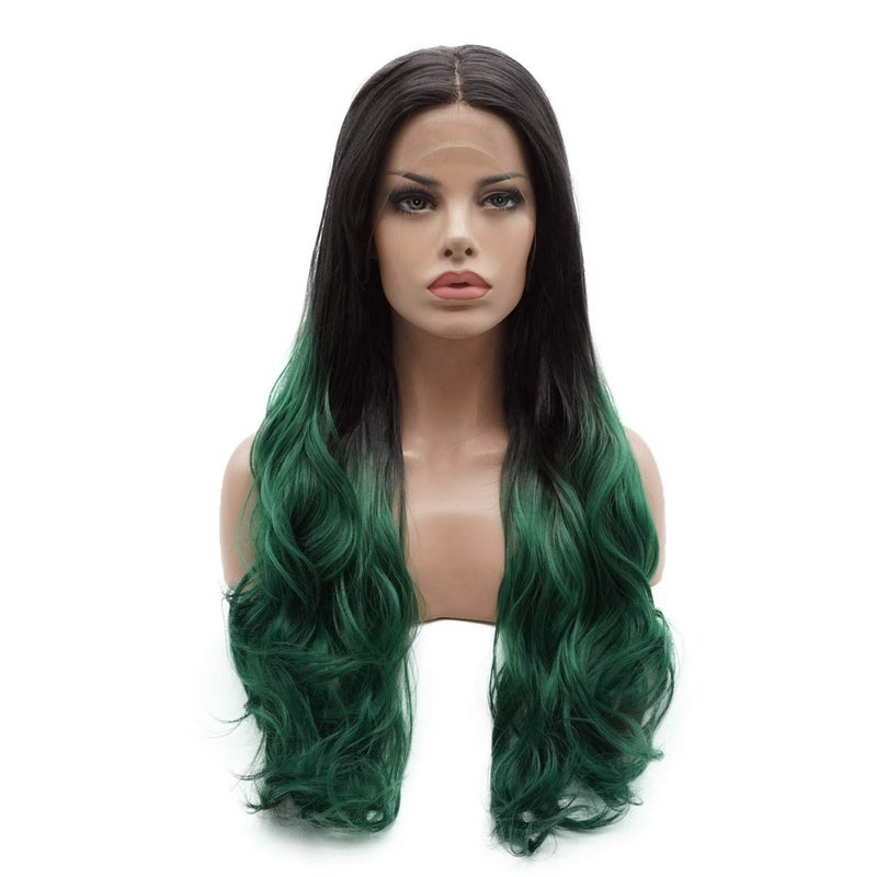 Lushy Hair Synthetic Lace Front Wig Wavy Long 26inch Dark Root Green Ombre Wig Full Density Realistic Wig