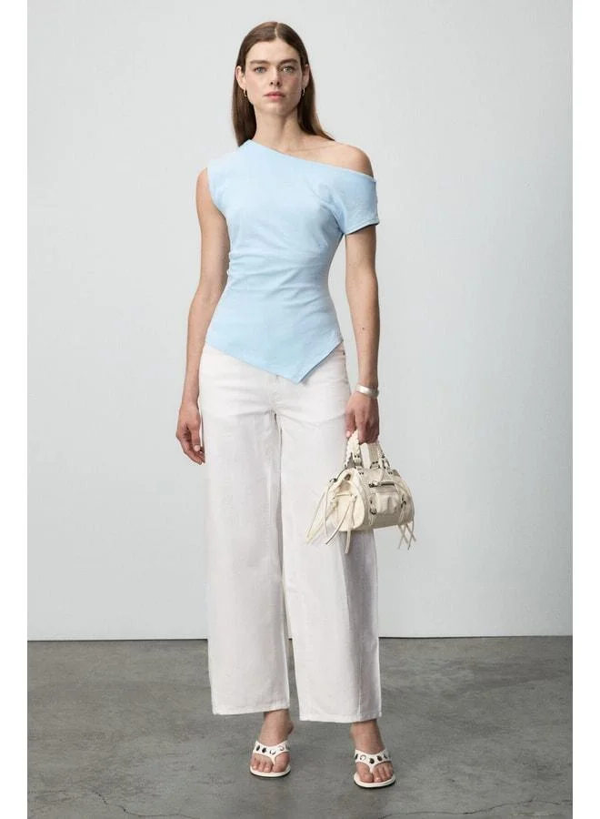 Grimelange REHINGA Women's Asymmetric Collar Regular Short Sleeve Light Blue Blouse.