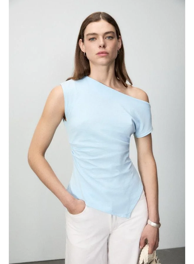 Grimelange REHINGA Women's Asymmetric Collar Regular Short Sleeve Light Blue Blouse.