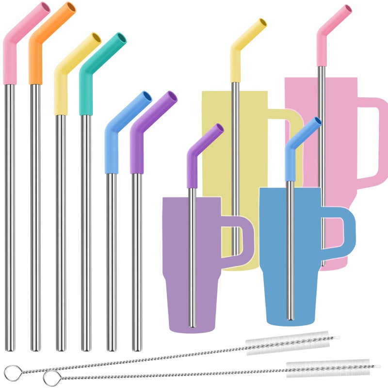 Tomorotec 6-Pack Stainless Steel Reusable Straw with Silicone Tip 3 Sizes, Metal Drinking Straws Fit for Stanley Quencher Tumblers 40oz, 30oz, 20oz, 14oz, Cleaning Brushes Included (Rainbow) - Image 1