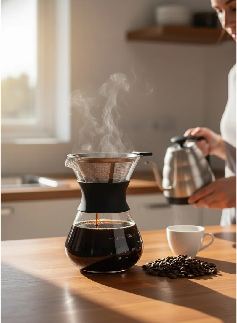كويزين أرت مجموعة صانعة قهوة بالتقطير – إبريق زجاجي أنيق بفلتر ستانلس ستيل قابل لإعادة الاستخدام، كم سيليكون للحماية من الحرارة، وعاء تقطير قهوة كامل 400 مل
