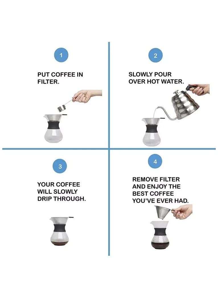Cuisine Art Pour Over Coffee Maker Set – Elegant Glass Carafe with Reusable Stainless Steel Drip Filter, Silicone Sleeve for Heat Protection, Complete Pour Over Coffee Dripper Pot 400ml