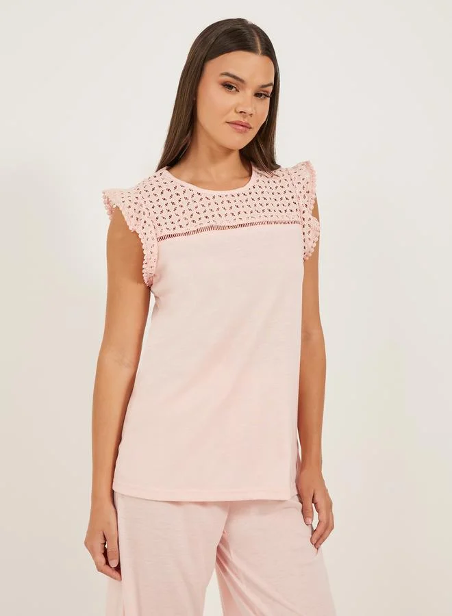 Styli Schiffli Yoke Pompom Trim Detail Top and Pyjama Pants Set