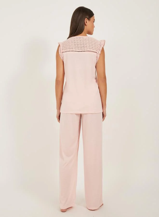 Styli Schiffli Yoke Pompom Trim Detail Top and Pyjama Pants Set