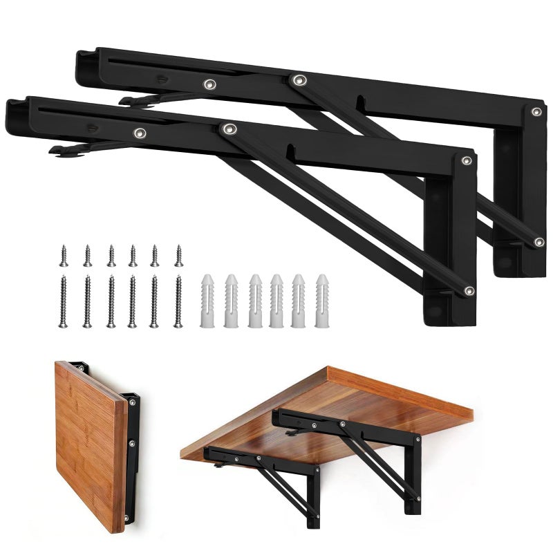 Storystore Folding Shelf Brackets 18 Inch Heavy Duty Metal Collapsible Shelf Bracket for Bench Table Shelf Hinge Wall Mounted Space Saving DIY Bracket Max Load 150 lb 2 PCS Black