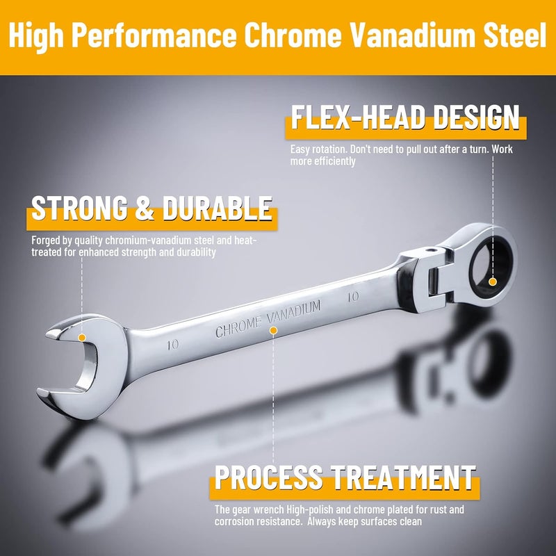 Pilida 10mm Ratchet Wrench Flex Head: Box End Wrench 12Pt| Metric Ratcheting Combination Chrome Vanadium - Image 4
