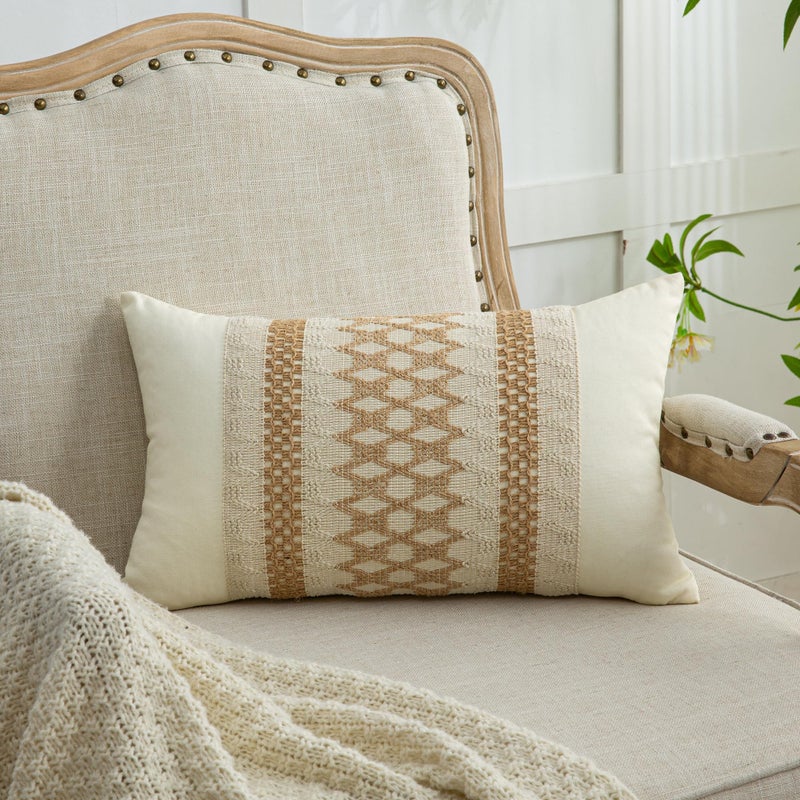 Mayler Yee Throw Pillow Covers 12 x 20 Inch 1PC for Farmhouse Living Room, Cotton & Burlap Textured Striped Woven Boho Pillow Covers (Beige & Brown, Khaki Grid) - Image 1
