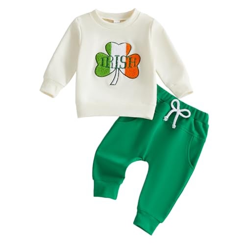 BemeyourBBs Toddler Baby Boy St Patricks Day Outfit Long Sleeve Sweatshirt and Pants Set 2 Piece Spring Clothes (Irish Shamrock Apricot, 12-18 Months) - Image 1