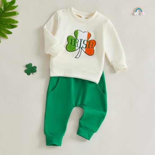 BemeyourBBs Toddler Baby Boy St Patricks Day Outfit Long Sleeve Sweatshirt and Pants Set 2 Piece Spring Clothes (Irish Shamrock Apricot, 12-18 Months) - Image 4