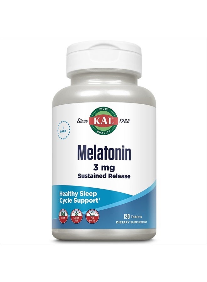 KAL Melatonin 3mg Sustained Release Sleep Aid, Melatonin Supplement Supports Healthy Relaxation, a Calm Feeling and a Proper Sleep Cycle, w/Added Vitamin B6, Vegan, Gluten Free, 120 Serv, 120 Tablets - Image 1
