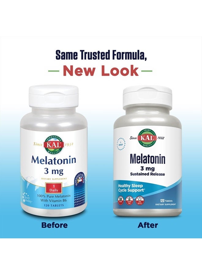 KAL Melatonin 3mg Sustained Release Sleep Aid, Melatonin Supplement Supports Healthy Relaxation, a Calm Feeling and a Proper Sleep Cycle, w/Added Vitamin B6, Vegan, Gluten Free, 120 Serv, 120 Tablets - Image 2