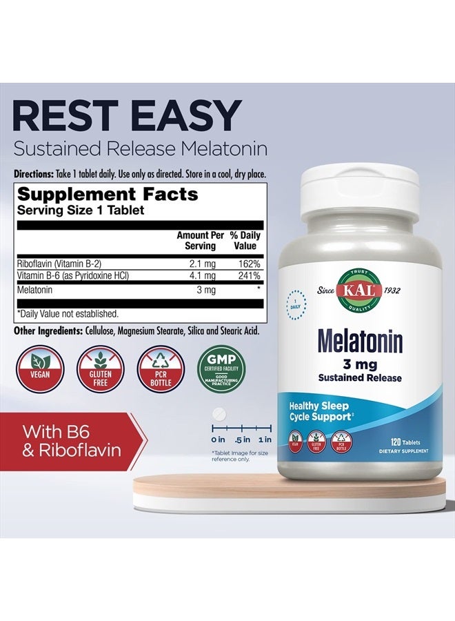 KAL Melatonin 3mg Sustained Release Sleep Aid, Melatonin Supplement Supports Healthy Relaxation, a Calm Feeling and a Proper Sleep Cycle, w/Added Vitamin B6, Vegan, Gluten Free, 120 Serv, 120 Tablets - Image 3