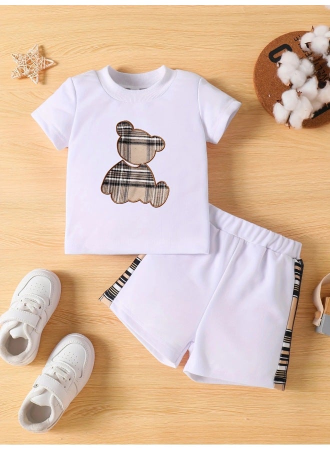 Baby Boys Summer Short-sleeved Top Patchwork Plaid Shorts Suit