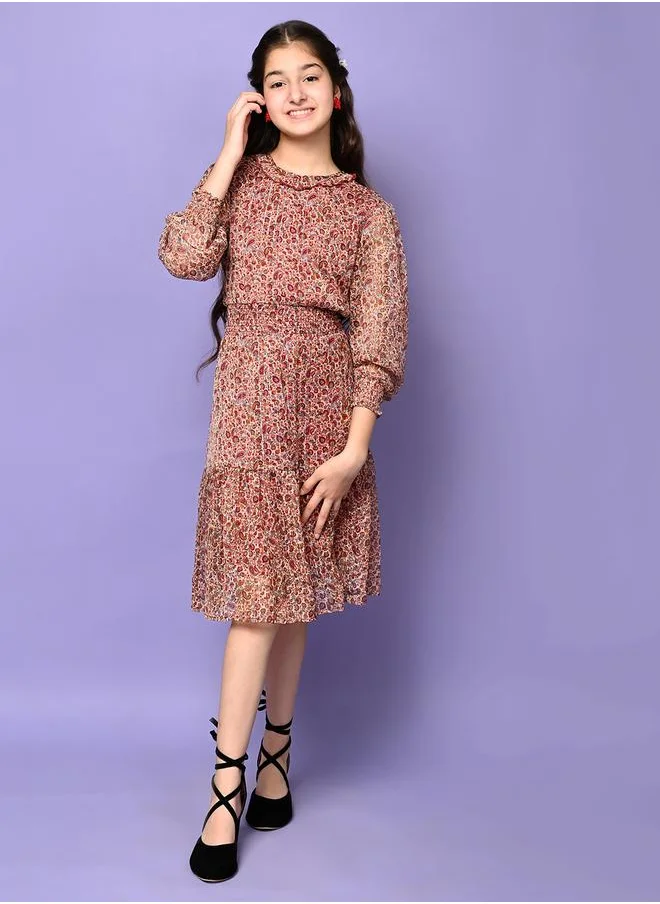 ليلك All Over Printed Drop Waist Full Sleeve Dress