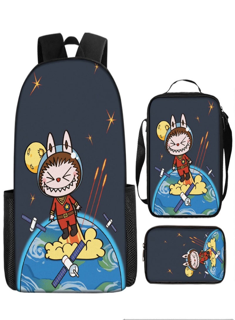 LABUBU Children Backpack Schoolbag Teen Student School Book bag with Lunch Box Pen Case 3 in 1 for Kids
