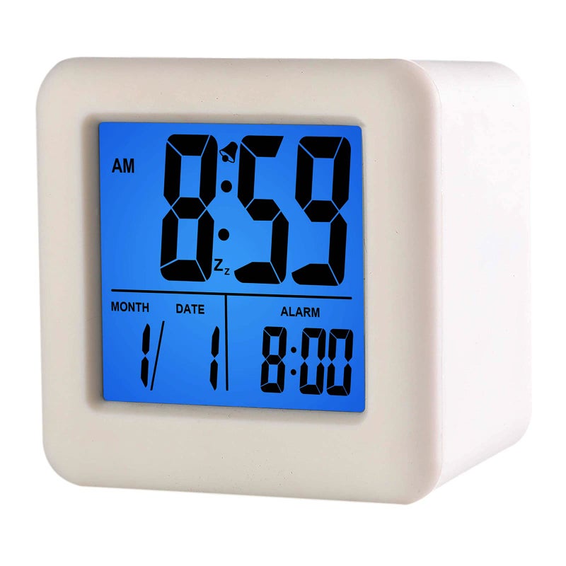 Plumeet Easy to Set Digital Travel Alarm Clock Snooze Function Soft Night Light Large Screen time and Month and Date Display and Alarm Progressive Sound Alarm and Handy Size White
