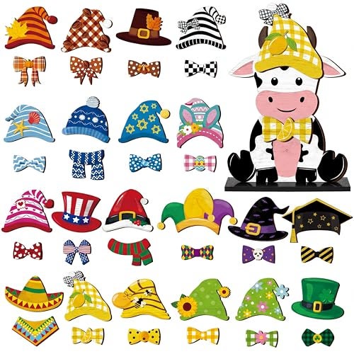 Anglechic 42 Pcs Summer Lemon Interchangeable Cow Figurine Farmhouse Holiday Cow Office Decor Wooden Seasonal Sign Desk Accessories Tier Tray Home Decoration Welcome Ornament Gifts - Image 1