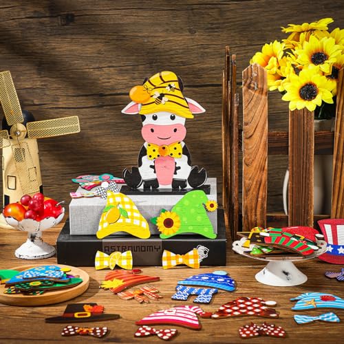 Anglechic 42 Pcs Summer Lemon Interchangeable Cow Figurine Farmhouse Holiday Cow Office Decor Wooden Seasonal Sign Desk Accessories Tier Tray Home Decoration Welcome Ornament Gifts - Image 4