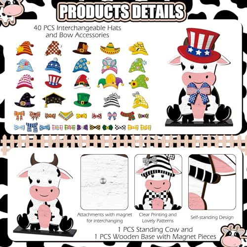 Anglechic 42 Pcs Summer Lemon Interchangeable Cow Figurine Farmhouse Holiday Cow Office Decor Wooden Seasonal Sign Desk Accessories Tier Tray Home Decoration Welcome Ornament Gifts - Image 3