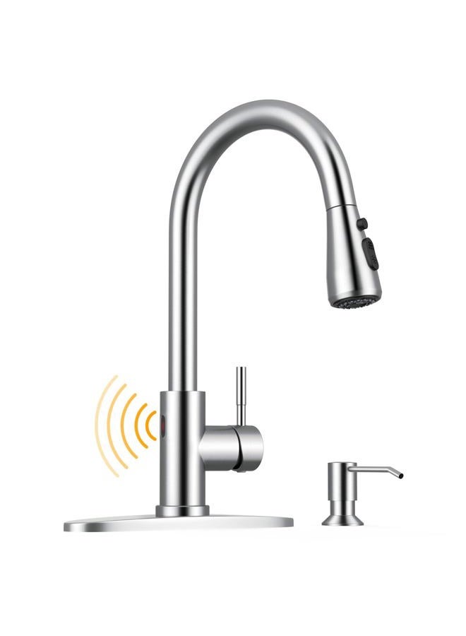 WEWE Touchless Kitchen Sink Faucet with Soap Dispenser, Single Handle Kitchen Faucets with Pull Down Sprayer Smart Motion Sensor Stainless Steel, Brushed Nickel - Image 1