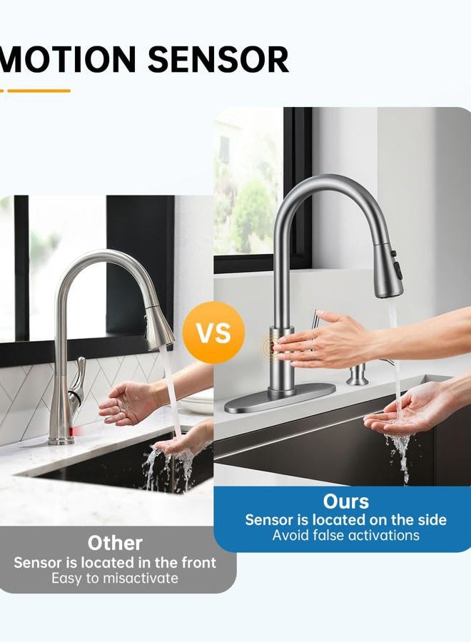 WEWE Touchless Kitchen Sink Faucet with Soap Dispenser, Single Handle Kitchen Faucets with Pull Down Sprayer Smart Motion Sensor Stainless Steel, Brushed Nickel - Image 4