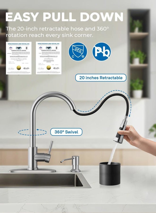 WEWE Touchless Kitchen Sink Faucet with Soap Dispenser, Single Handle Kitchen Faucets with Pull Down Sprayer Smart Motion Sensor Stainless Steel, Brushed Nickel - Image 3