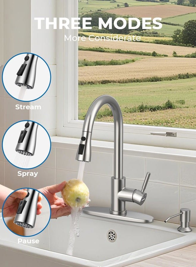 WEWE Touchless Kitchen Sink Faucet with Soap Dispenser, Single Handle Kitchen Faucets with Pull Down Sprayer Smart Motion Sensor Stainless Steel, Brushed Nickel - Image 5